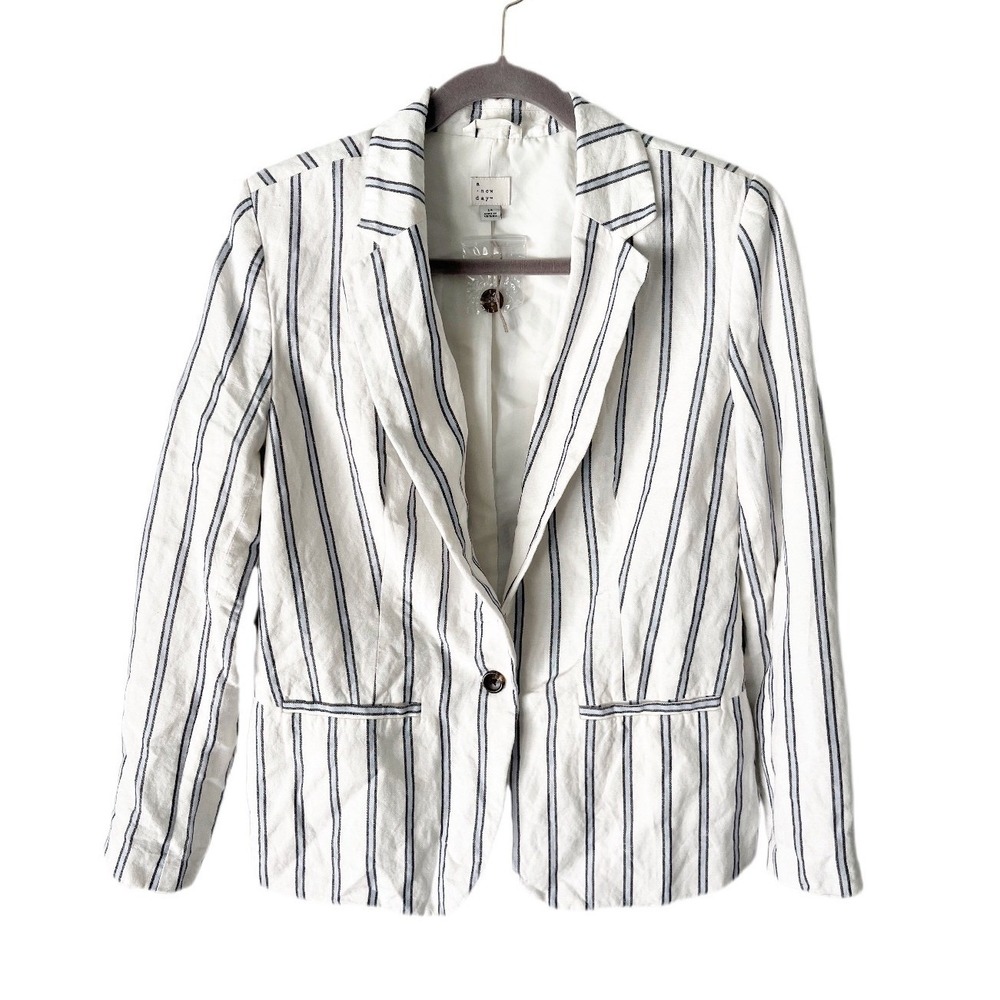 Preppy Coastal Linen Blend Striped Blazer Size 14 Clean Girl Minimalist Career
